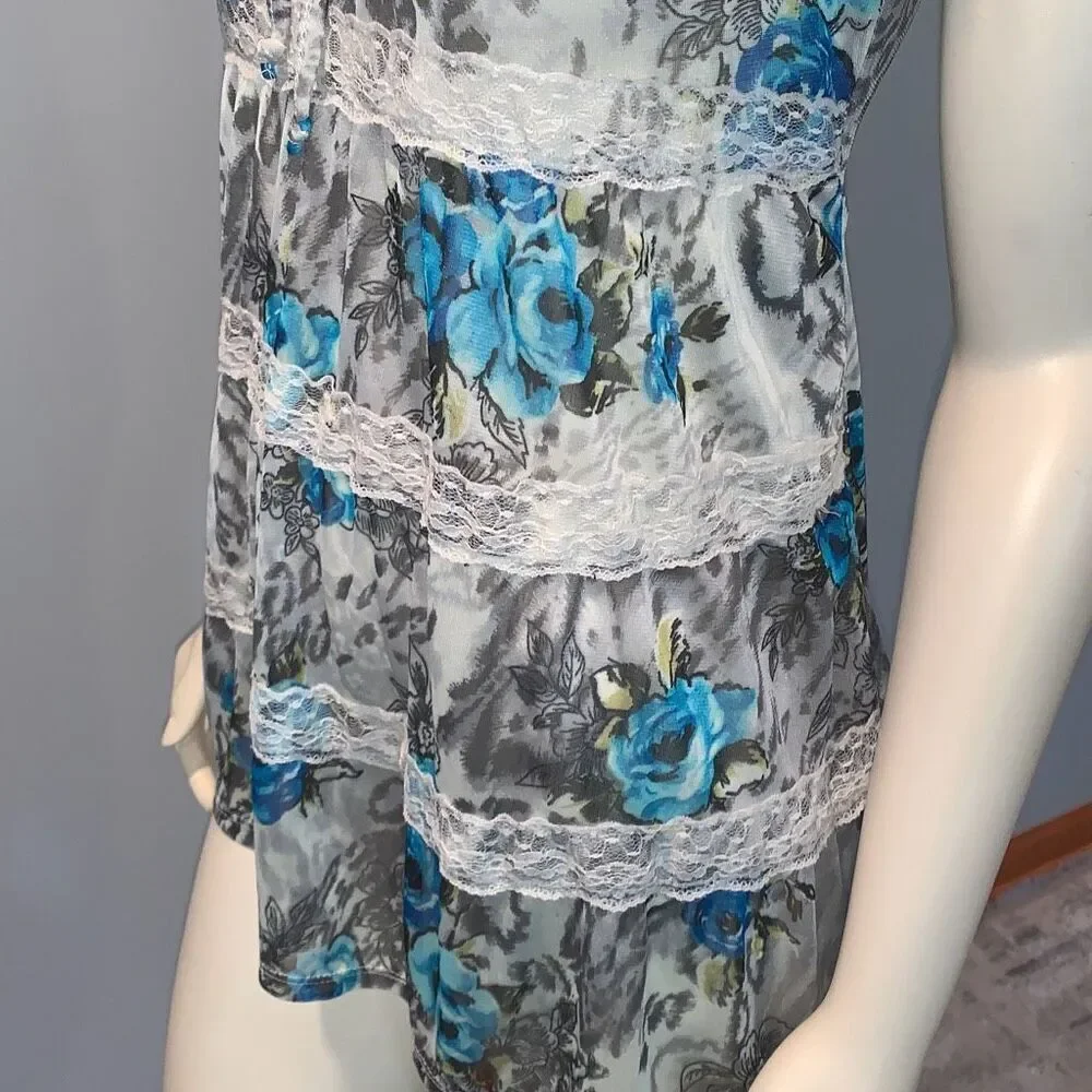 Vintage 90’s Y2K Self Esteem Sheer Chiffon Tiered‎ Lace Babydoll Top Size Large